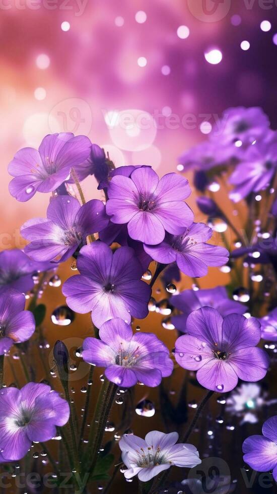 AI generated Close-up violet flowers with water droplets background. Ai generated photo