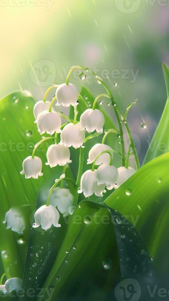 AI generated Blooming lily of the valley flowers with drops of water close-up background. Spring wallpaper. Ai generated photo