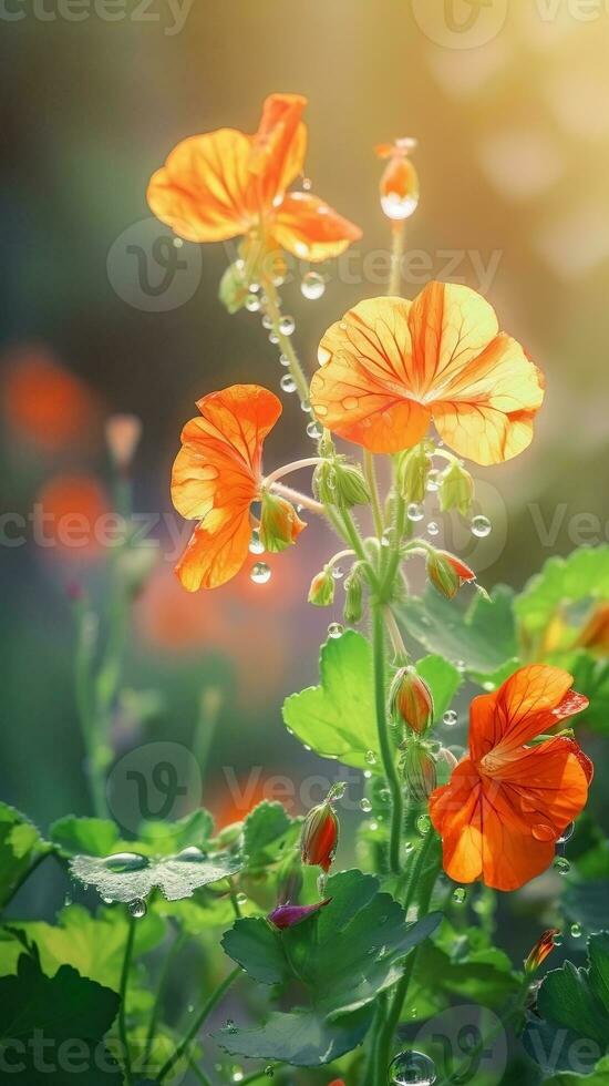 AI generated Blooming nasturtium flowers with drops of water close-up background. Ai generated photo