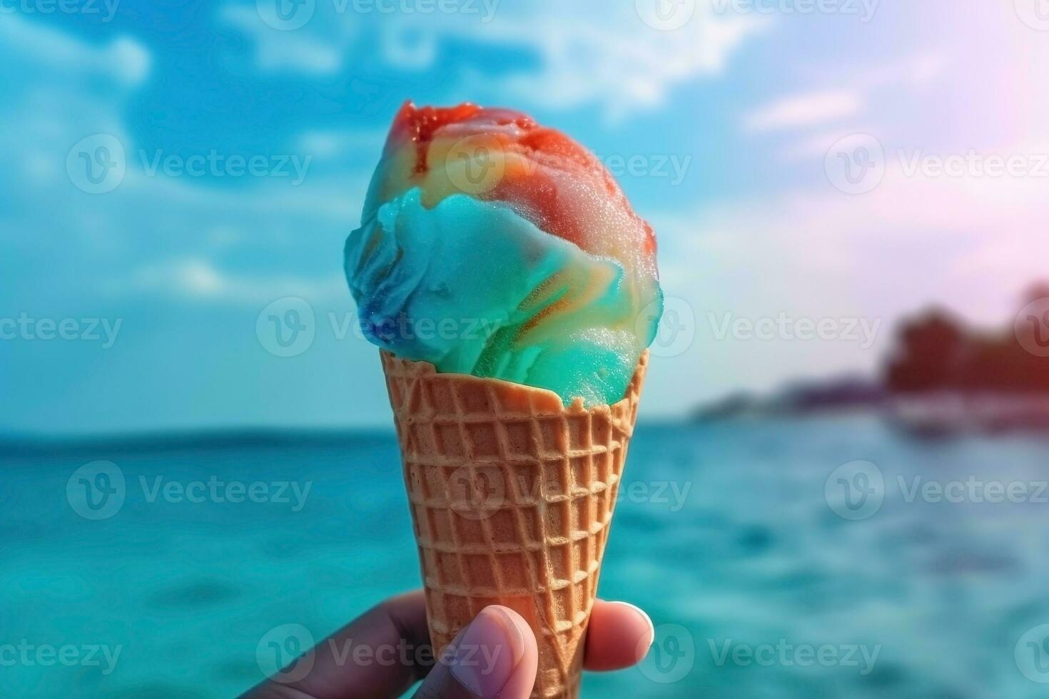 AI generated Hand holding ice cream on the background of the beach photo