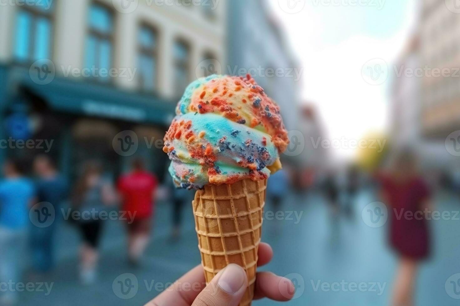AI generated Hand holding ice cream on the background of a European city photo