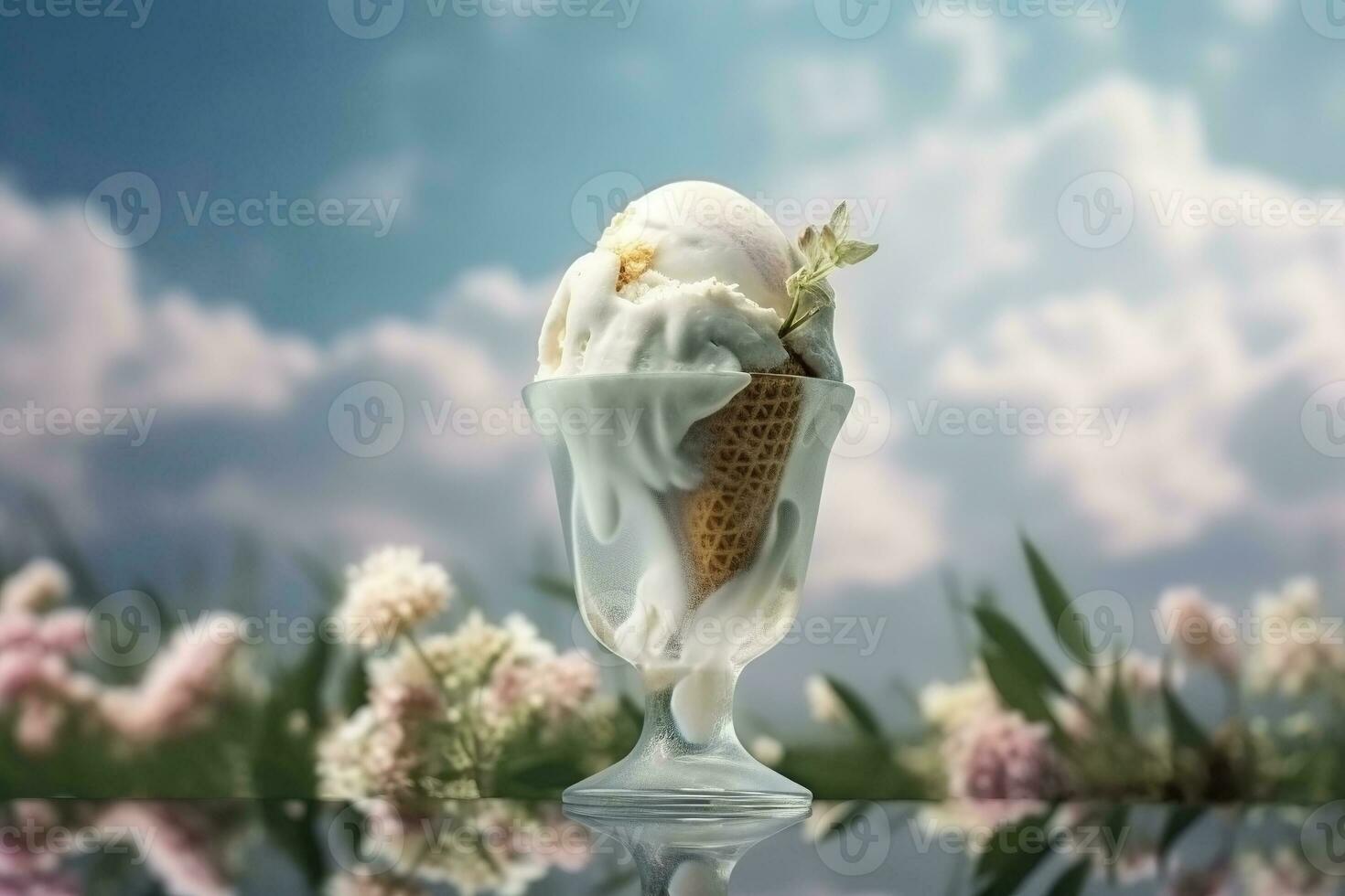 AI generated Ice cream decorated with flowers on the summer background photo