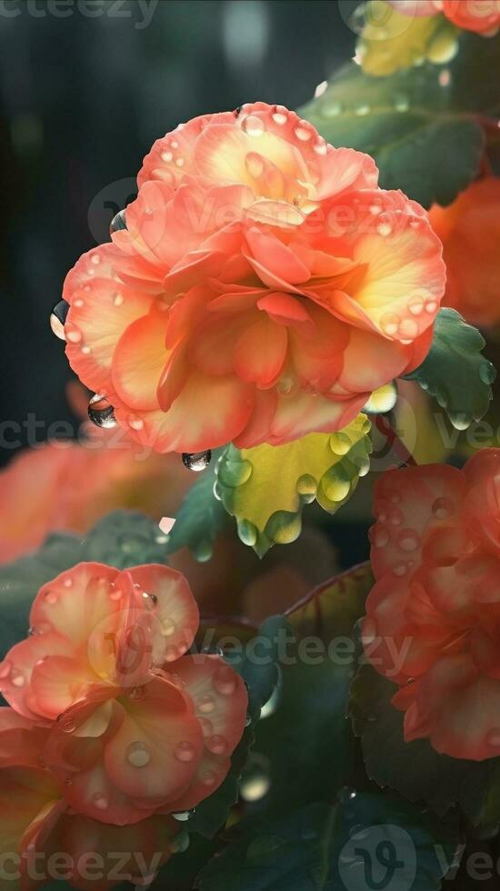 AI generated Blooming begonia flowers with drops of water close-up background. Floral wallpaper. Ai generated photo