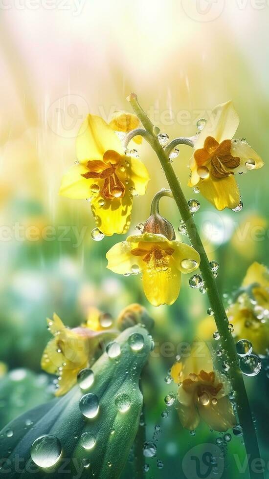 ai generado floreciente prímula flores con gotas de agua de cerca antecedentes. verano fondo de pantalla. ai generado foto