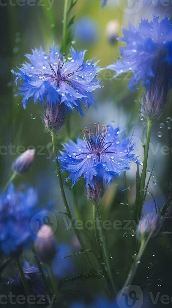 AI generated Blooming cornflower with drops of water close-up background. Spring wallpaper. Ai generated photo