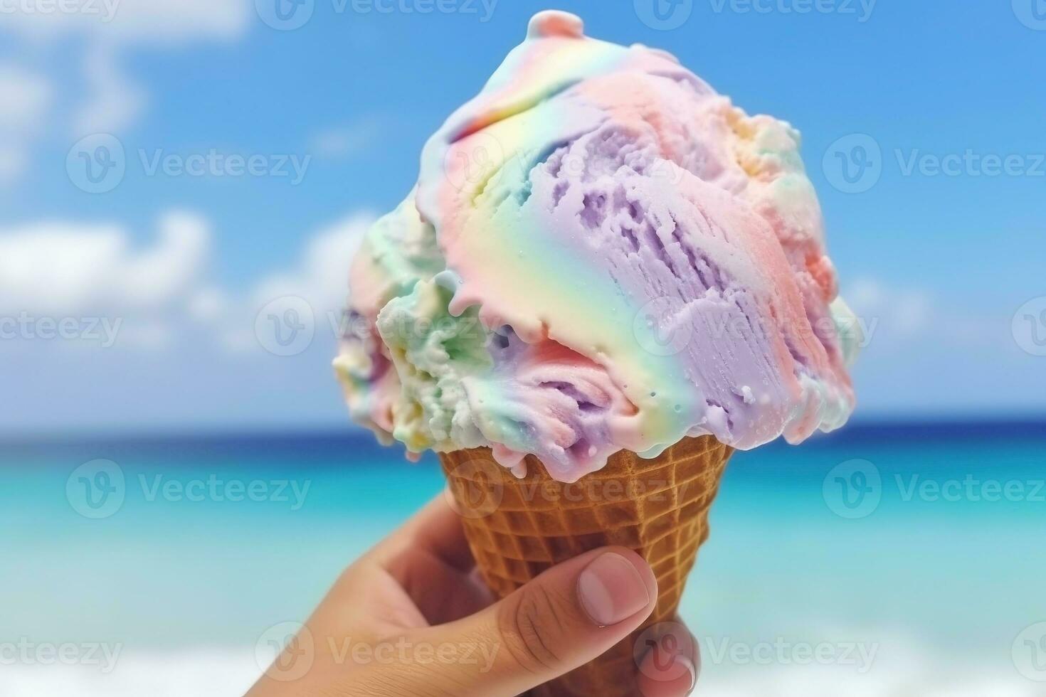 AI generated Hand holding ice cream on the background of the beach photo