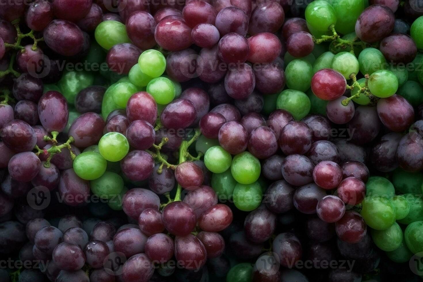 AI generated Green and black grapes as background. Top view of natural grape, full screen image photo