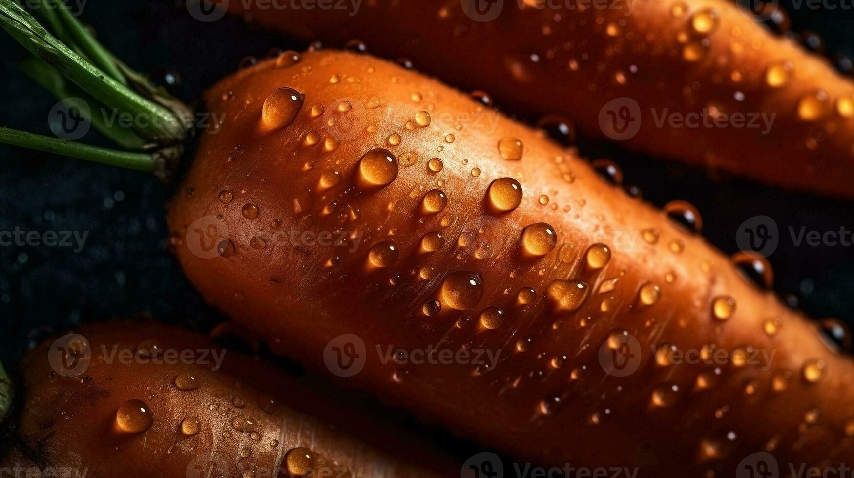 AI generated Close-up of carrots with water drops on dark background. Vegetable wallpaper photo