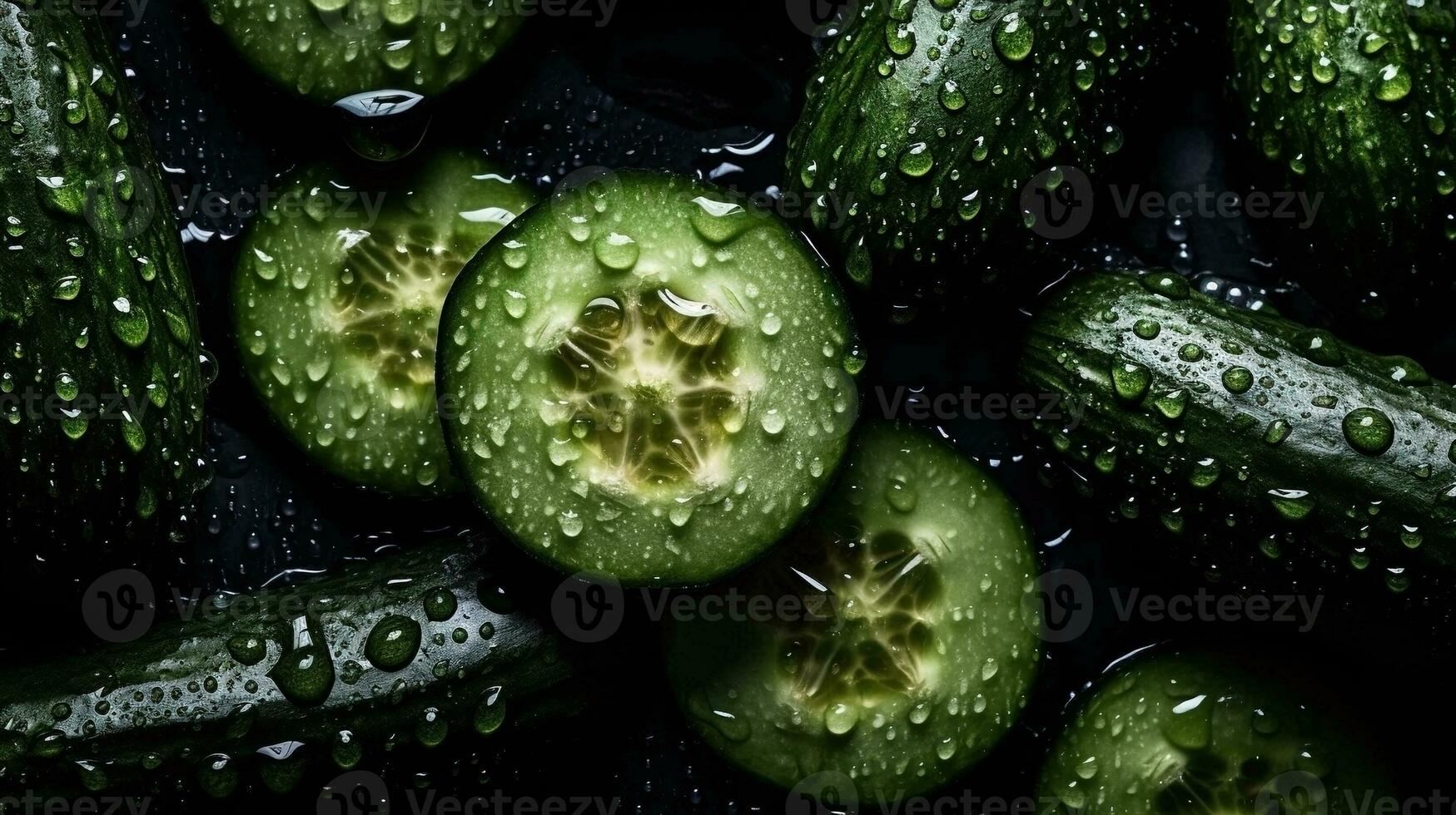 AI generated Close-up of cucumbers with water drops on dark background. Vegetable wallpaper photo