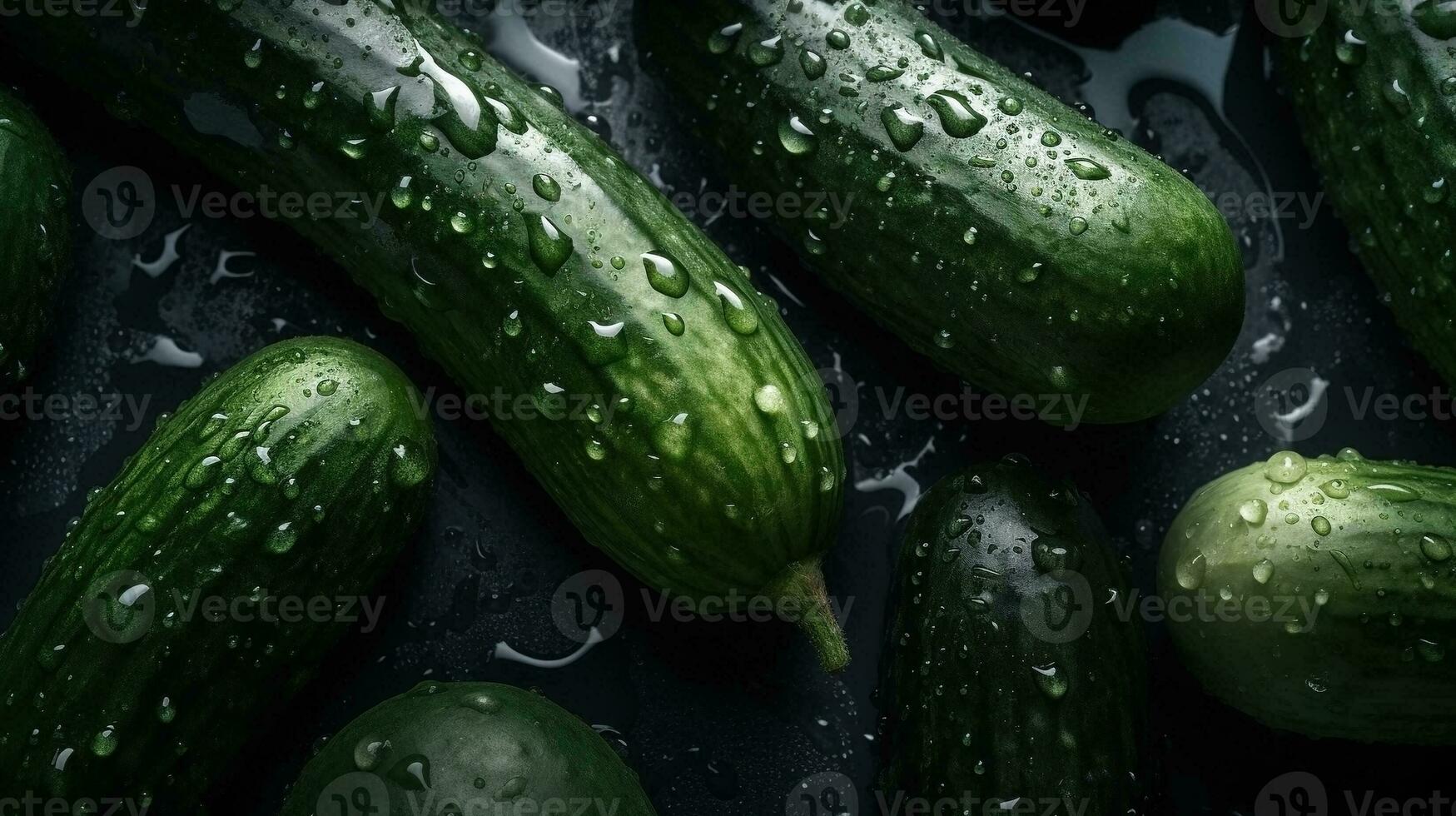 AI generated Close-up of cucumbers with water drops on dark background. Vegetable wallpaper photo