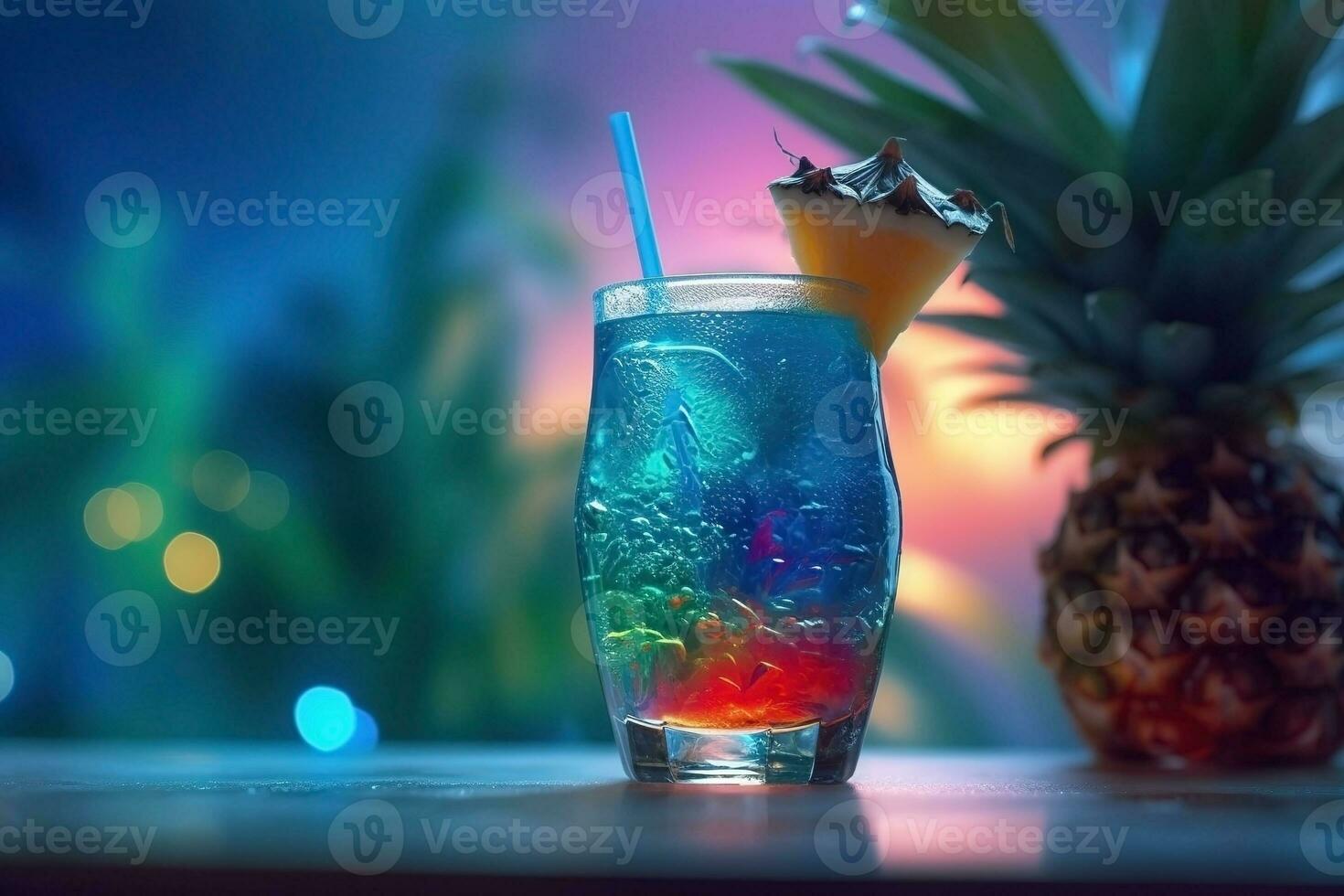 AI generated Fresh juice cocktail on the table against beach background photo