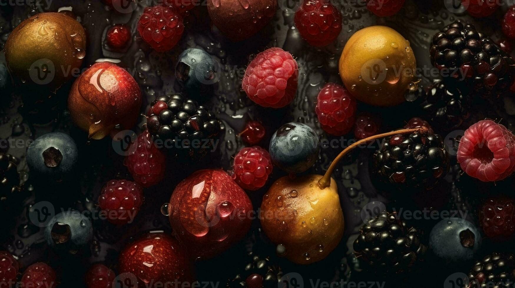 AI generated Close-up of fresh fruits with water drops on dark background. Healthy food concept photo