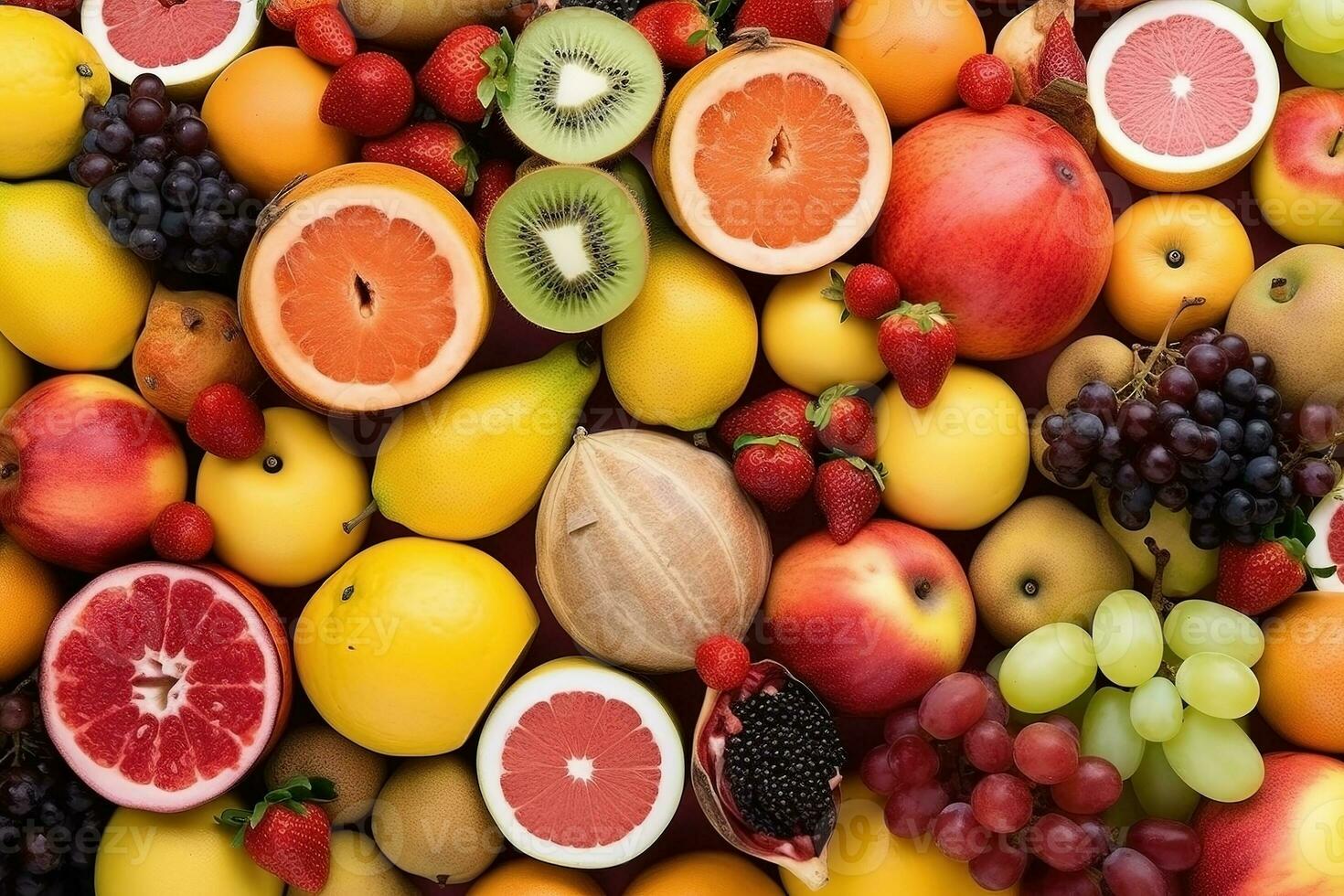 AI generated Fresh tropical fruits as background. Top view of natural fruits, full screen image photo