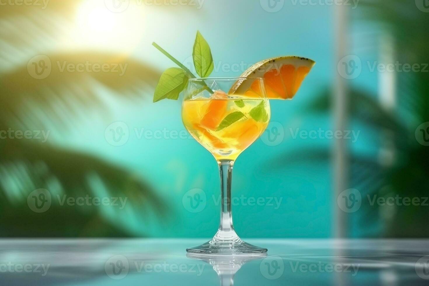 AI generated Fresh juice cocktail on the table against beach background photo