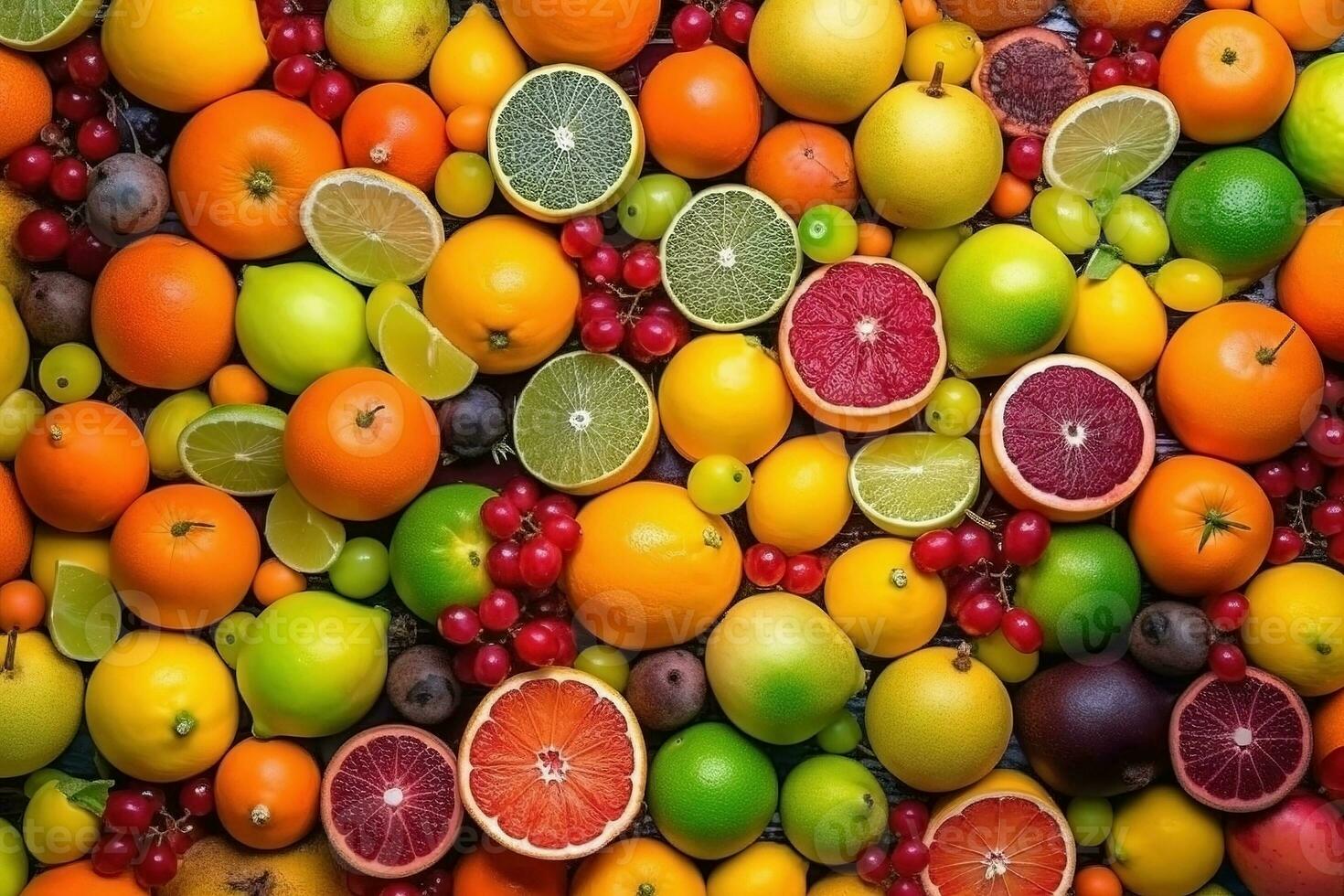 AI generated Fresh tropical fruits as background. Top view of natural fruits, full screen image photo