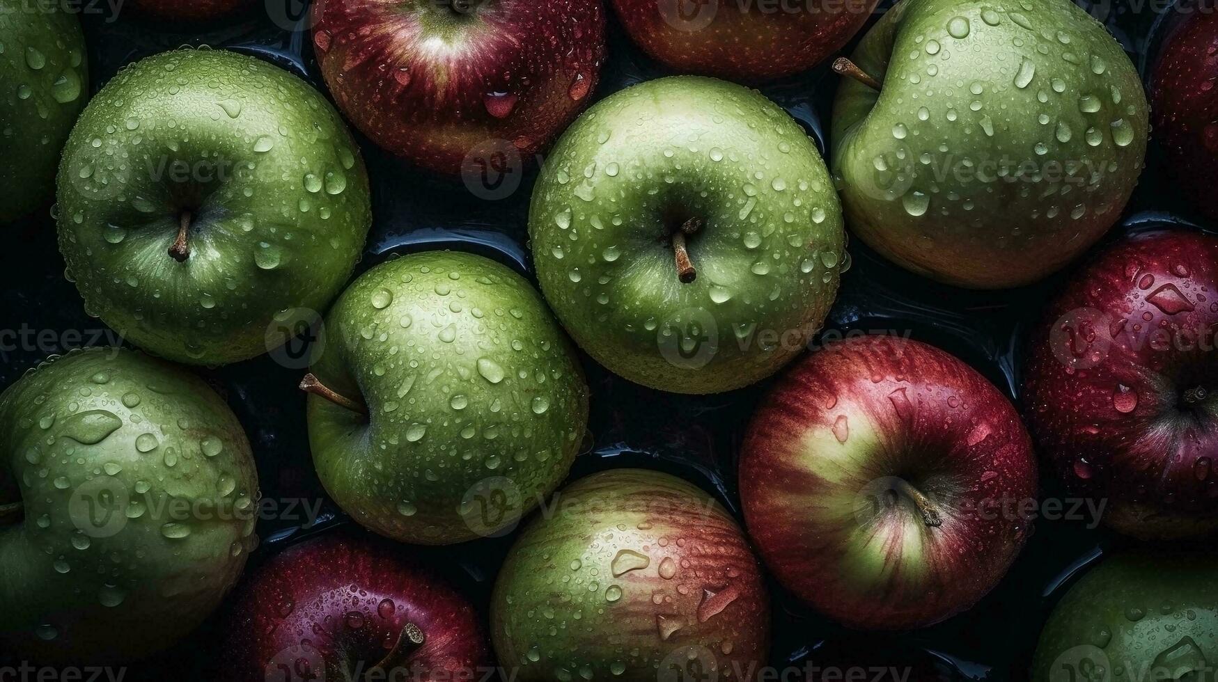 AI generated Close-up of red and green apples with water drops on dark background. Fruit wallpaper photo