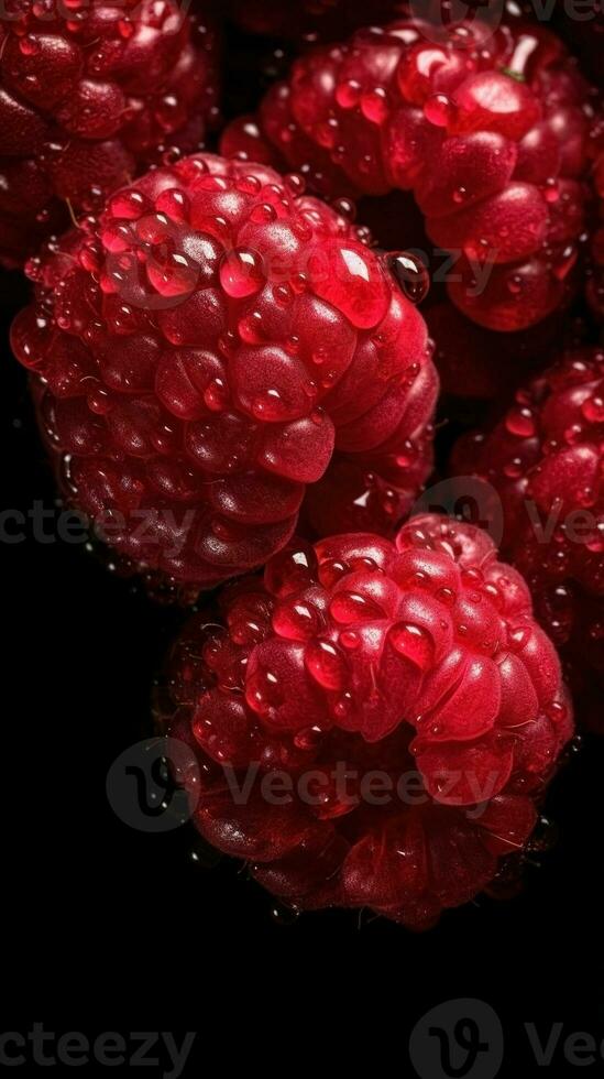 AI generated Close-up of raspberries with water drops on dark background. Fruit wallpaper photo