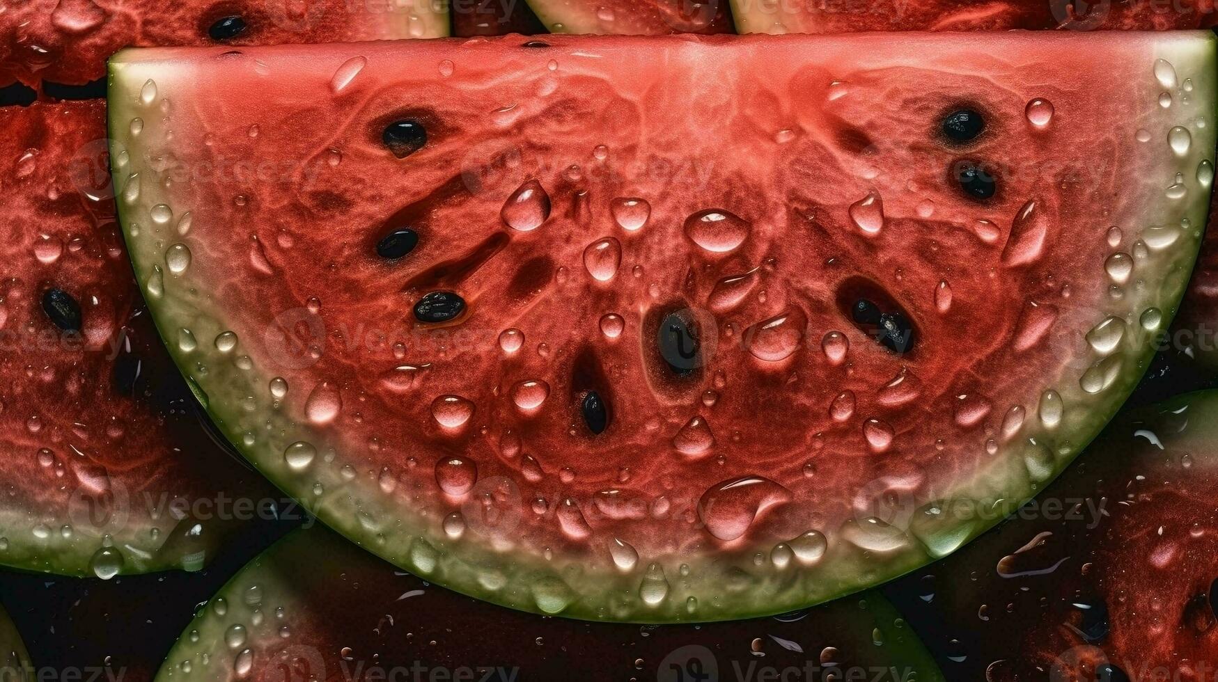 AI generated Close-up of watermelon with water drops on dark background. Fruit wallpaper photo