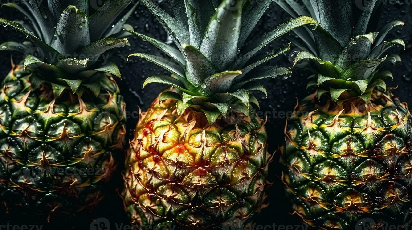 ai generado de cerca de piñas con agua gotas en oscuro antecedentes. Fruta fondo de pantalla foto