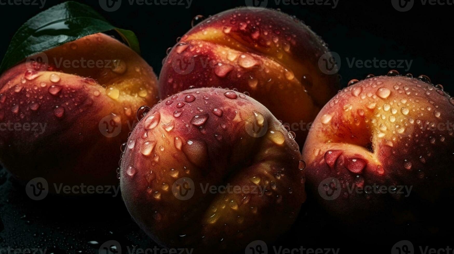 ai generado de cerca de duraznos con agua gotas en oscuro antecedentes. Fruta fondo de pantalla foto