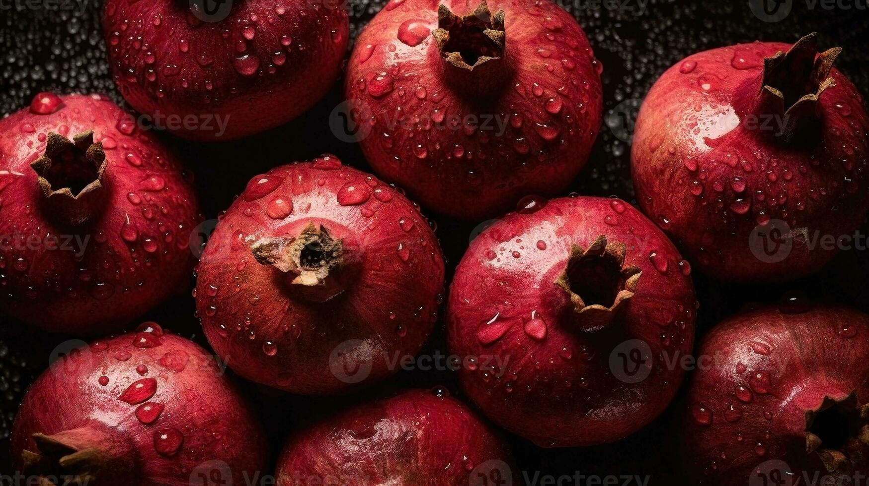 AI generated Close-up of pomegranates with water drops on dark background. Fruit wallpaper photo