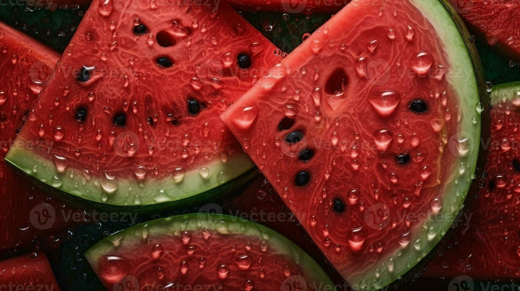 AI generated Close-up of watermelon with water drops on dark background. Fruit wallpaper photo