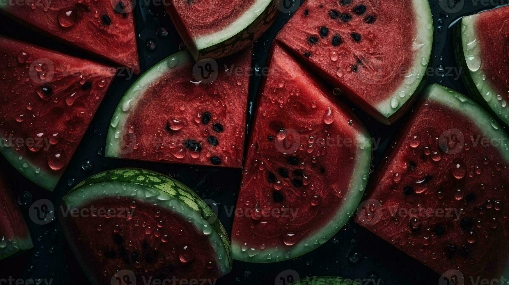 AI generated Close-up of watermelon with water drops on dark background. Fruit wallpaper photo