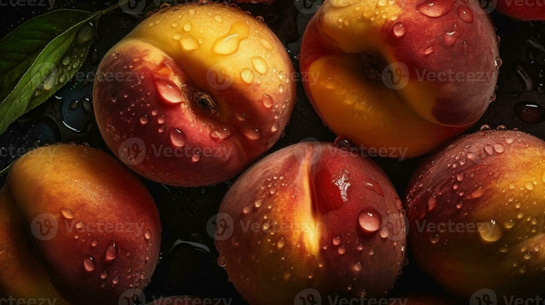 ai generado de cerca de duraznos con agua gotas en oscuro antecedentes. Fruta fondo de pantalla foto