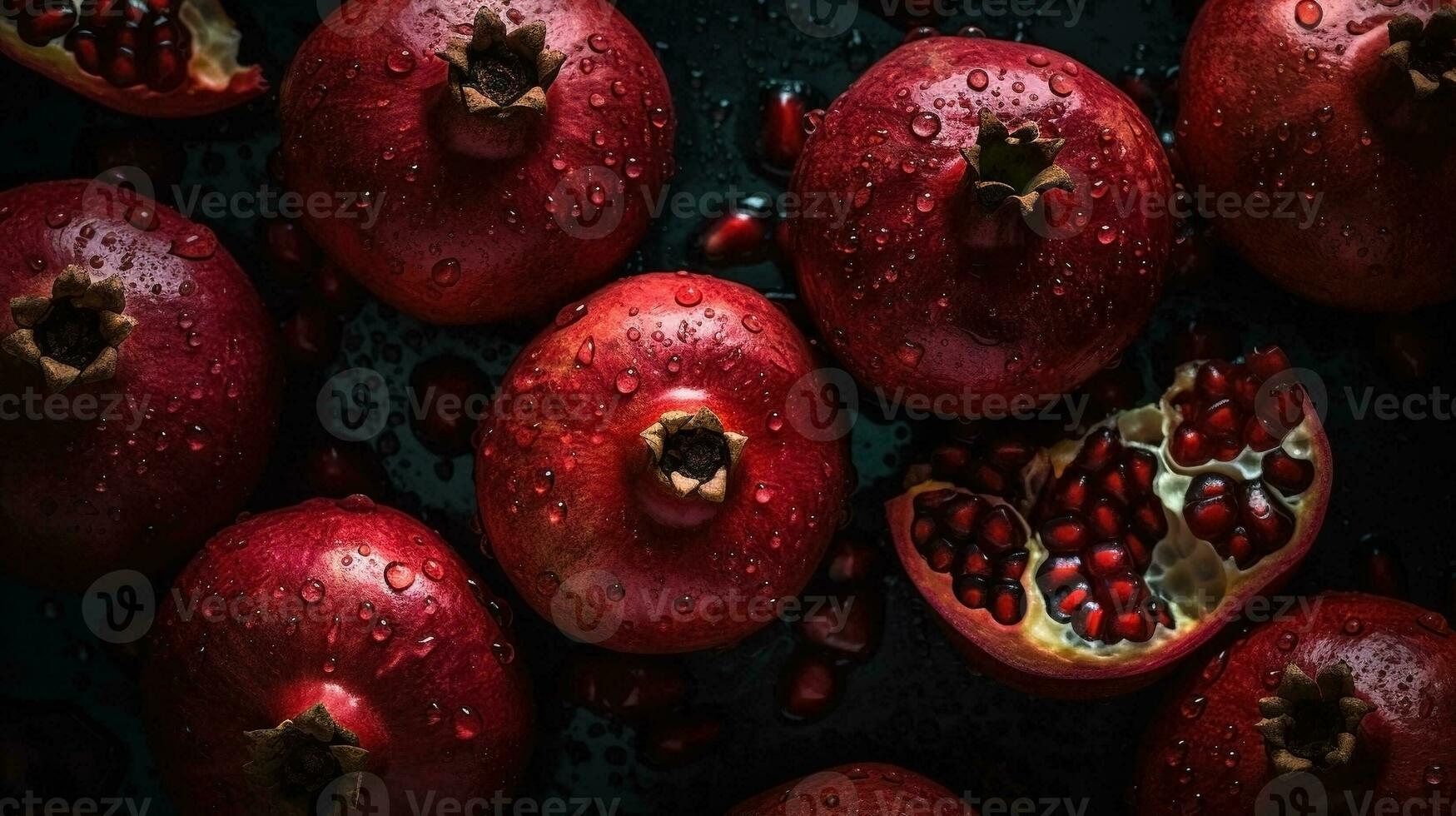 AI generated Close-up of pomegranates with water drops on dark background. Fruit wallpaper photo