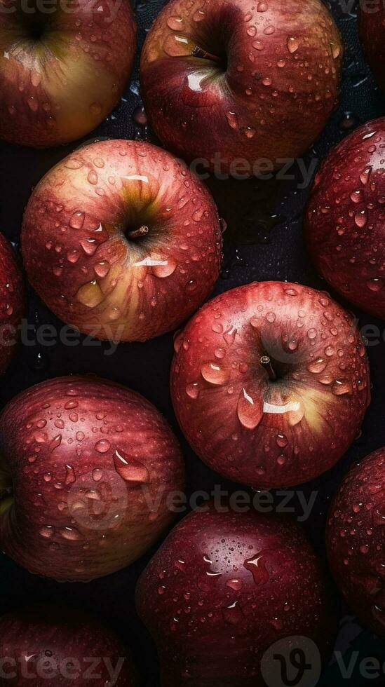 AI generated Close-up of red apples with water drops on dark background. Fruit wallpaper photo