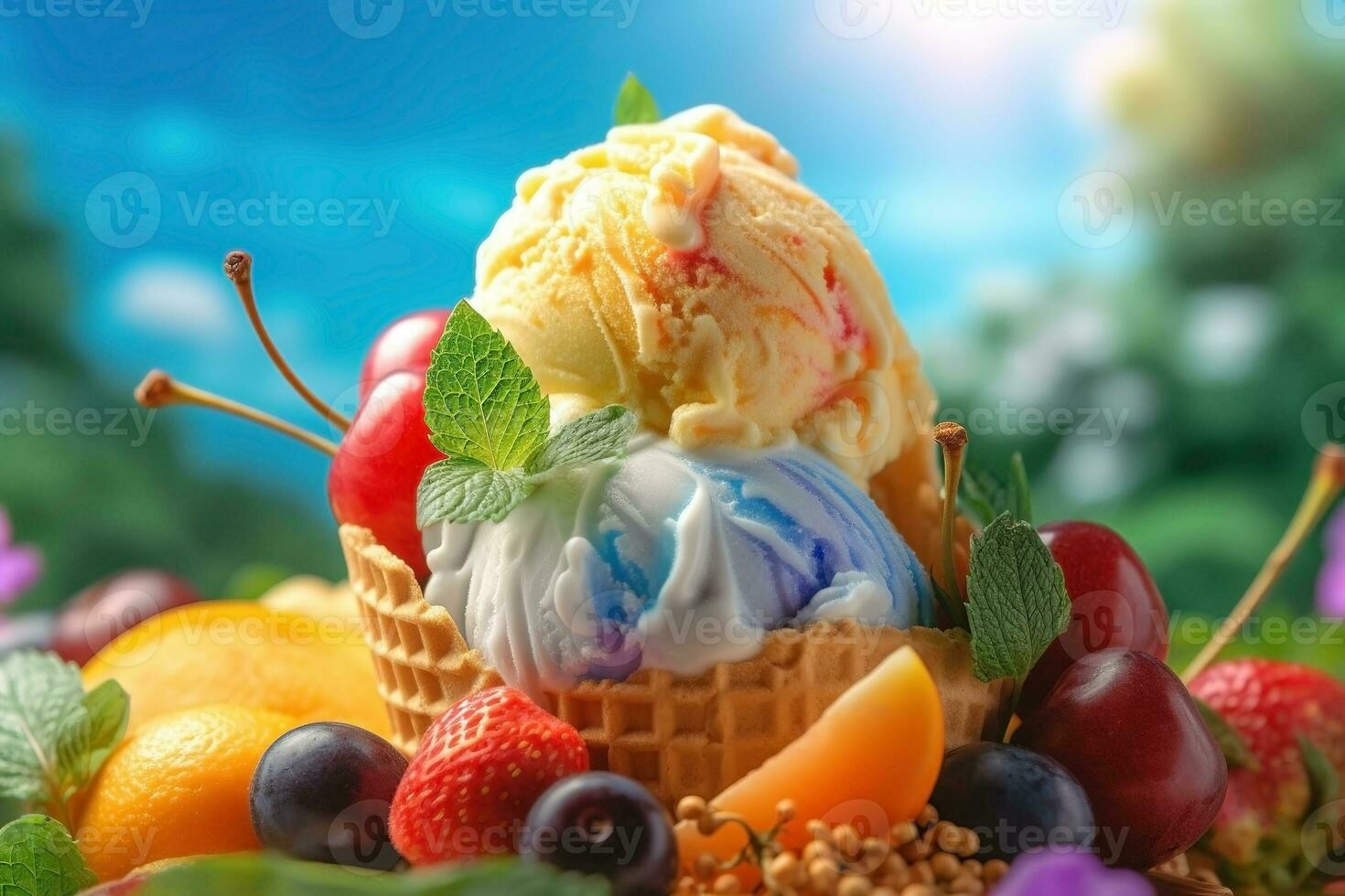 AI generated Ice cream decorated with fruits on the summer background photo