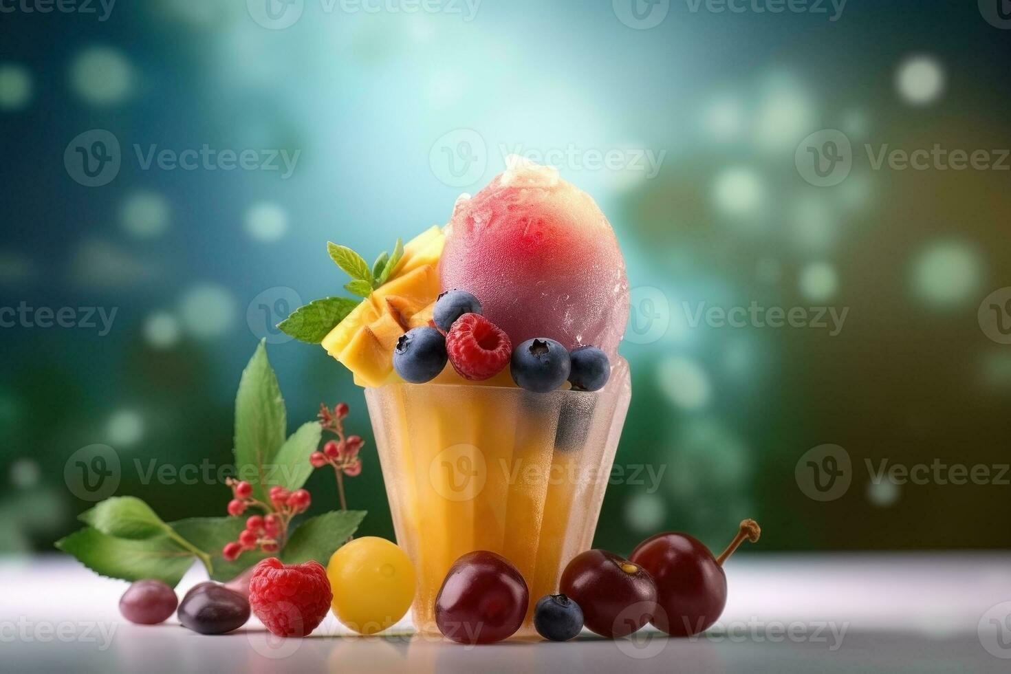 AI generated Ice cream decorated with fruits on the summer background photo