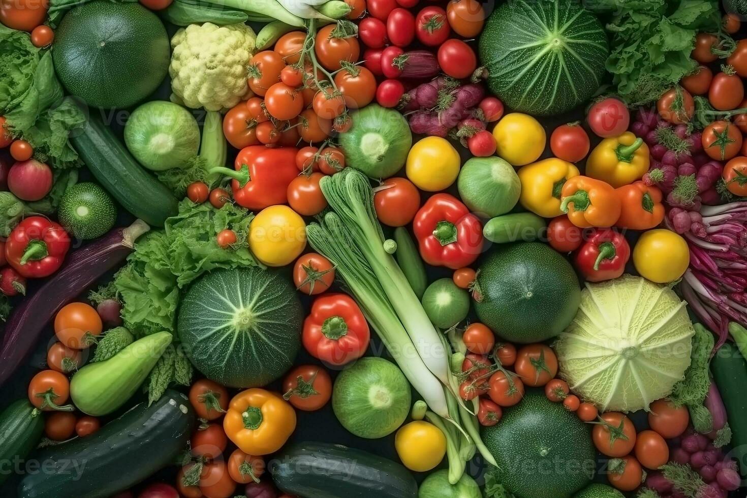 AI generated Fresh ripe vegetables as background. Top view of natural vegetables, full screen image photo