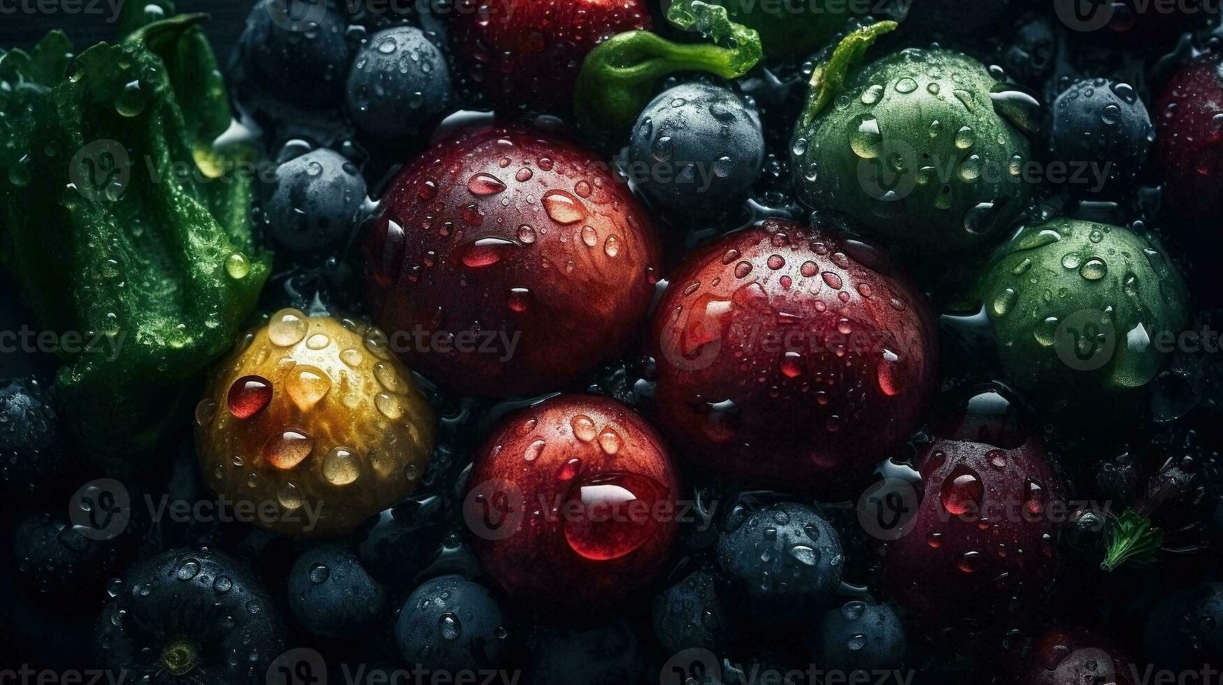 AI generated Close-up of fresh vegetables with water drops on dark background. Healthy food concept photo