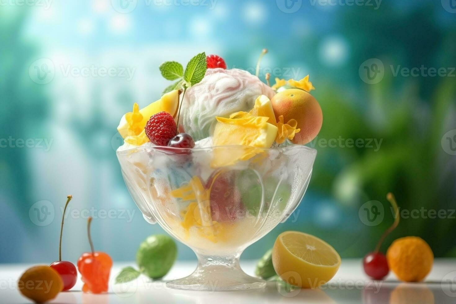 AI generated Ice cream decorated with fruits on the summer background photo