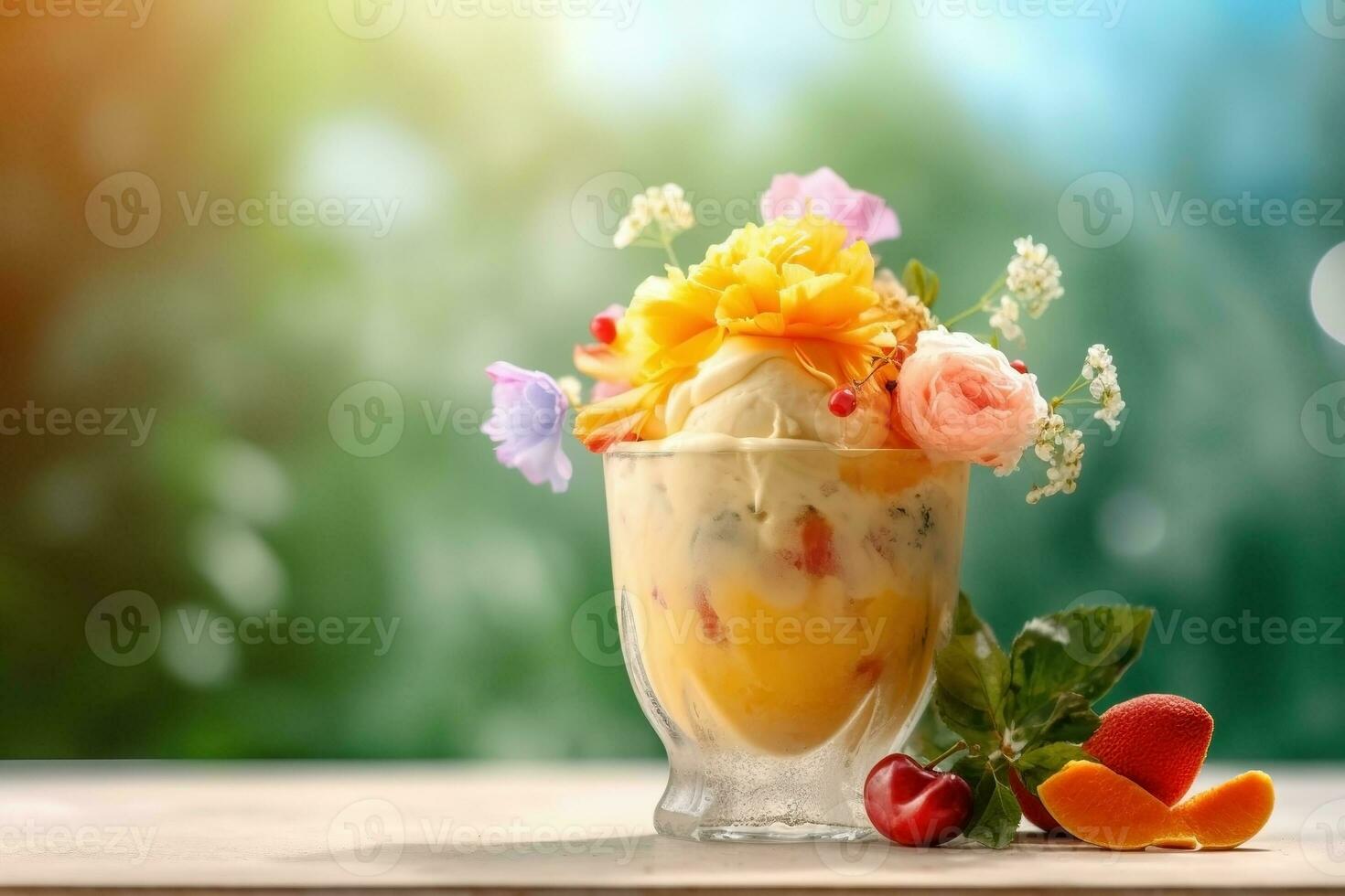 ai generado hielo crema decorado con frutas y flores en el verano antecedentes foto