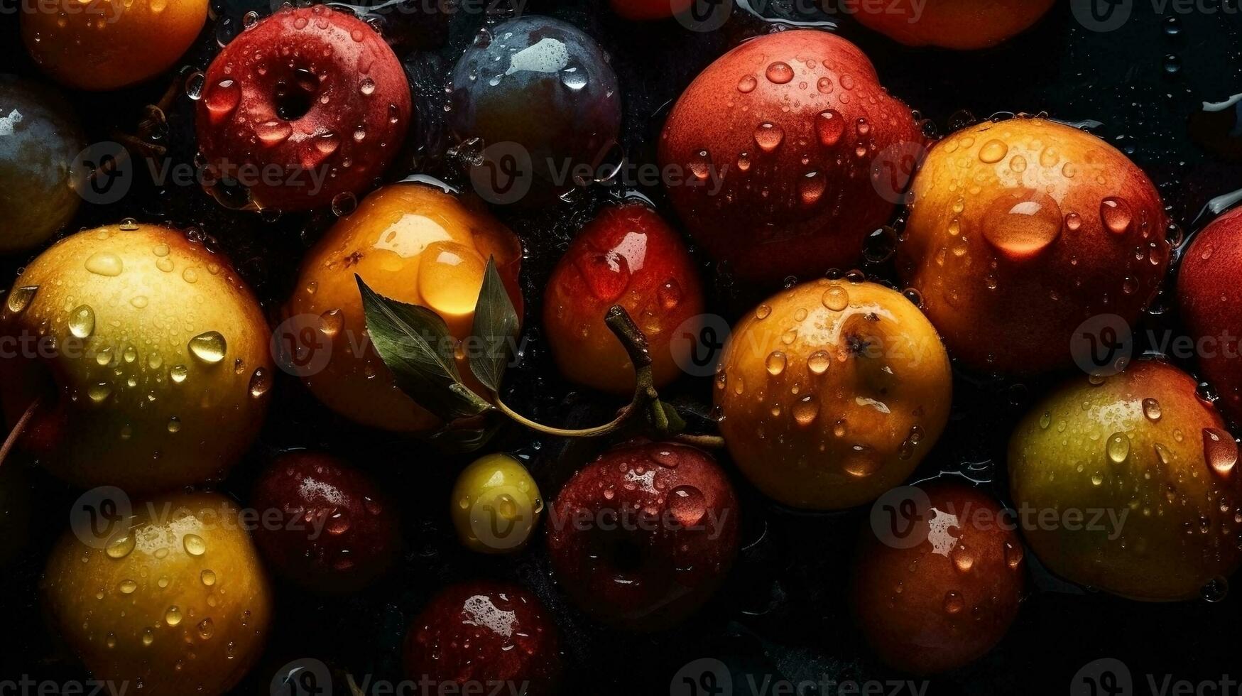 AI generated Close-up of fresh fruits with water drops on dark background. Healthy food concept photo