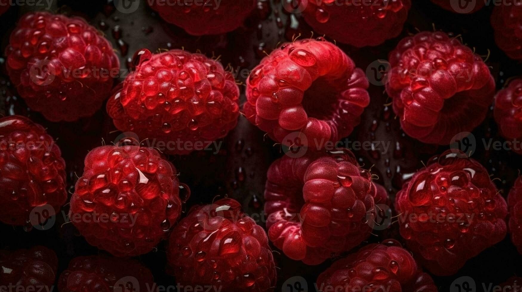 AI generated Close-up of raspberries with water drops on dark background. Fruit wallpaper photo