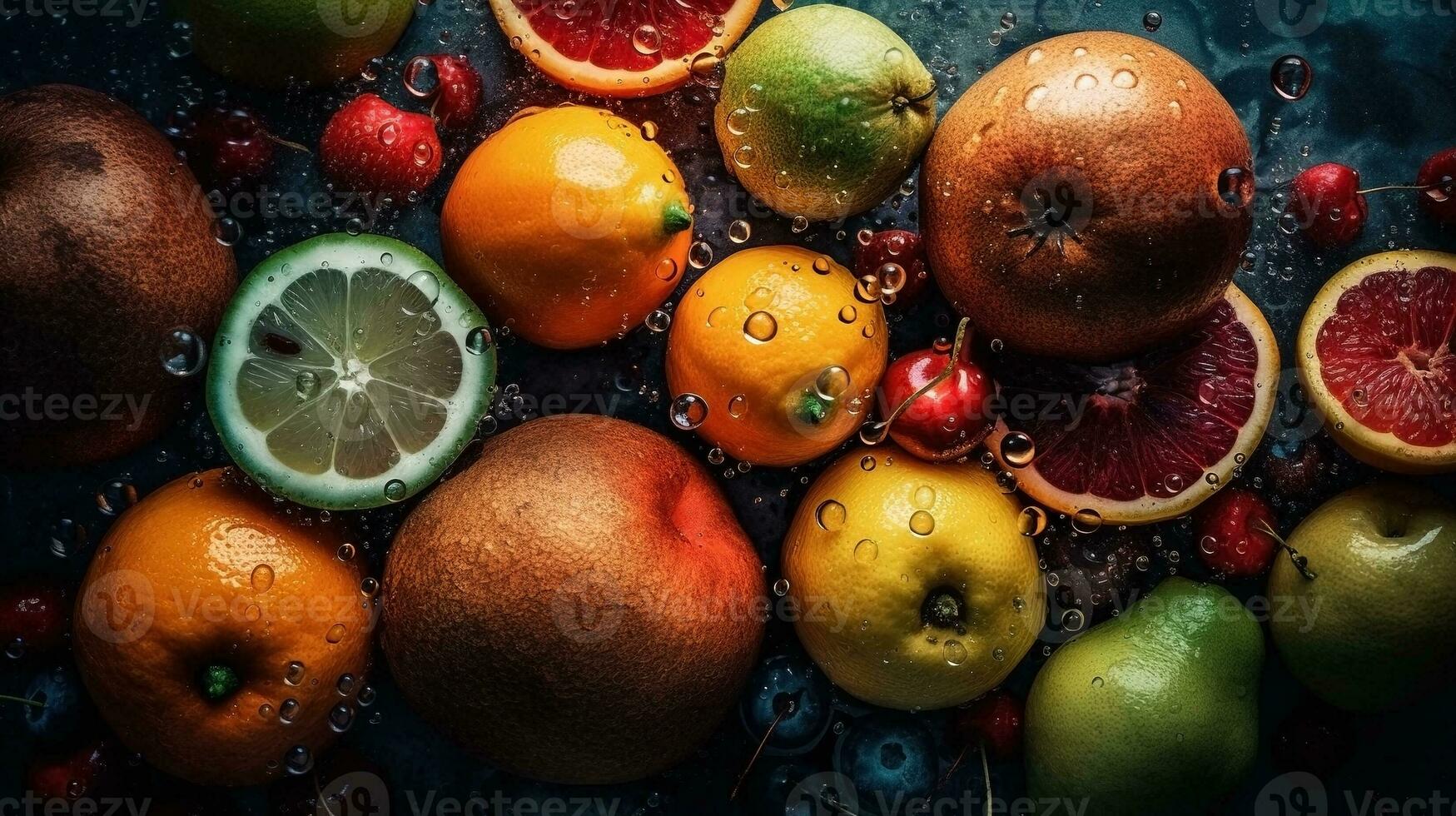 AI generated Close-up of fresh fruits with water drops on dark background. Healthy food concept photo