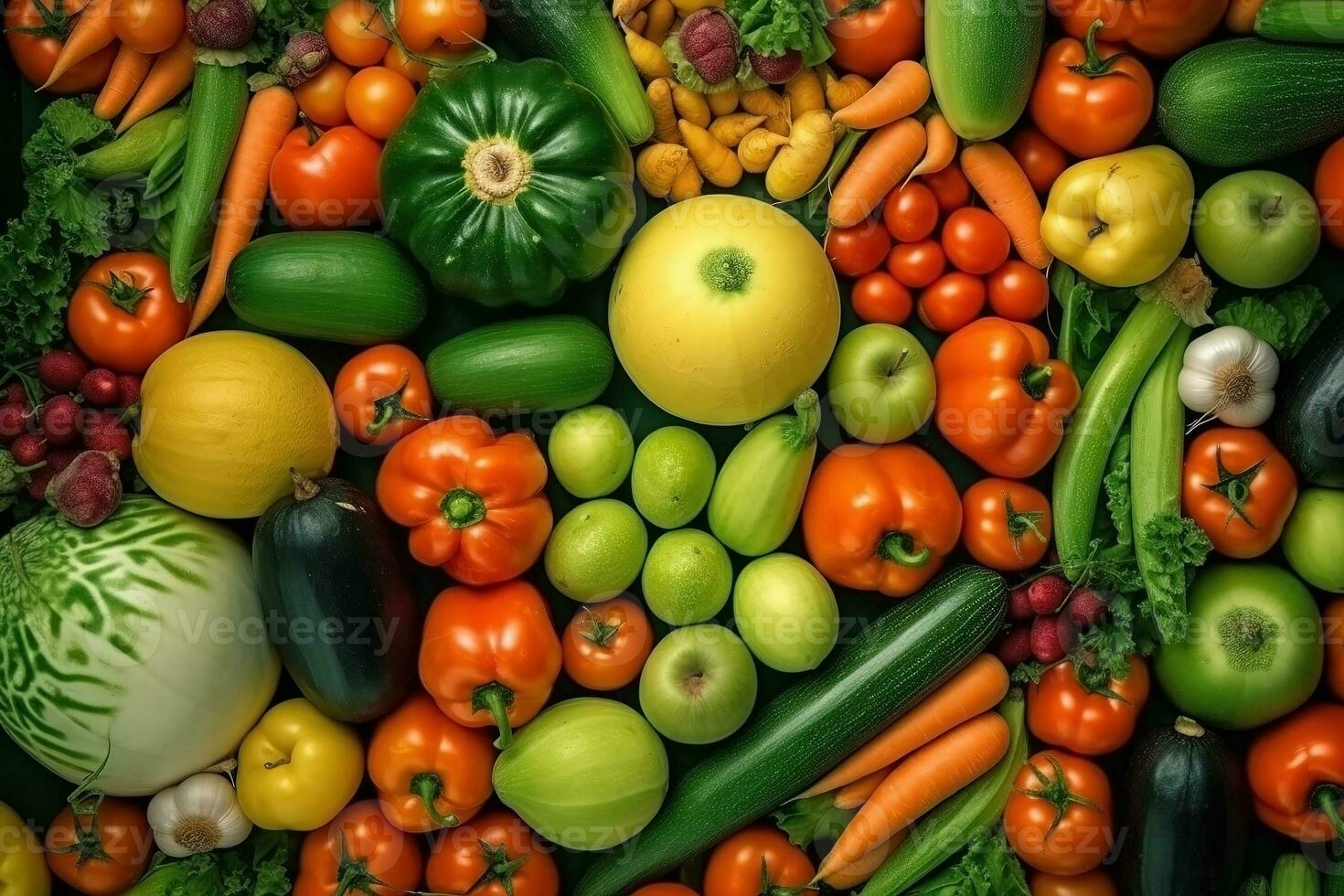 AI generated Fresh ripe vegetables as background. Top view of natural vegetables, full screen image photo