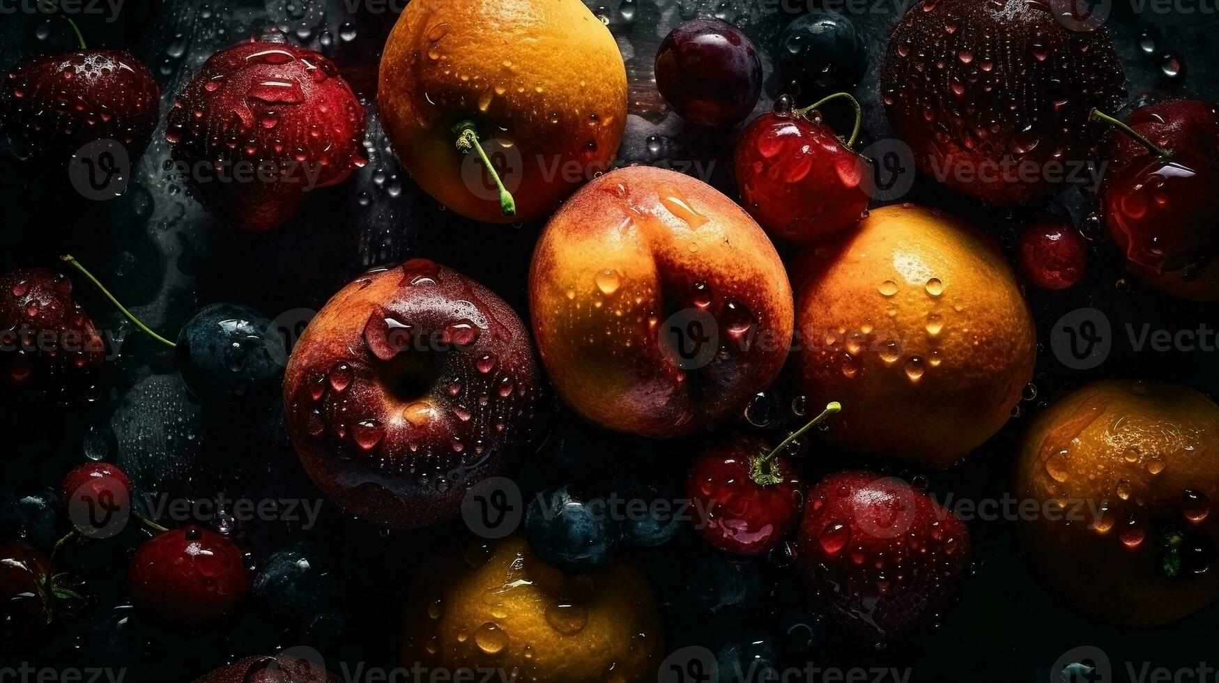 AI generated Close-up of fresh fruits with water drops on dark background. Healthy food concept photo