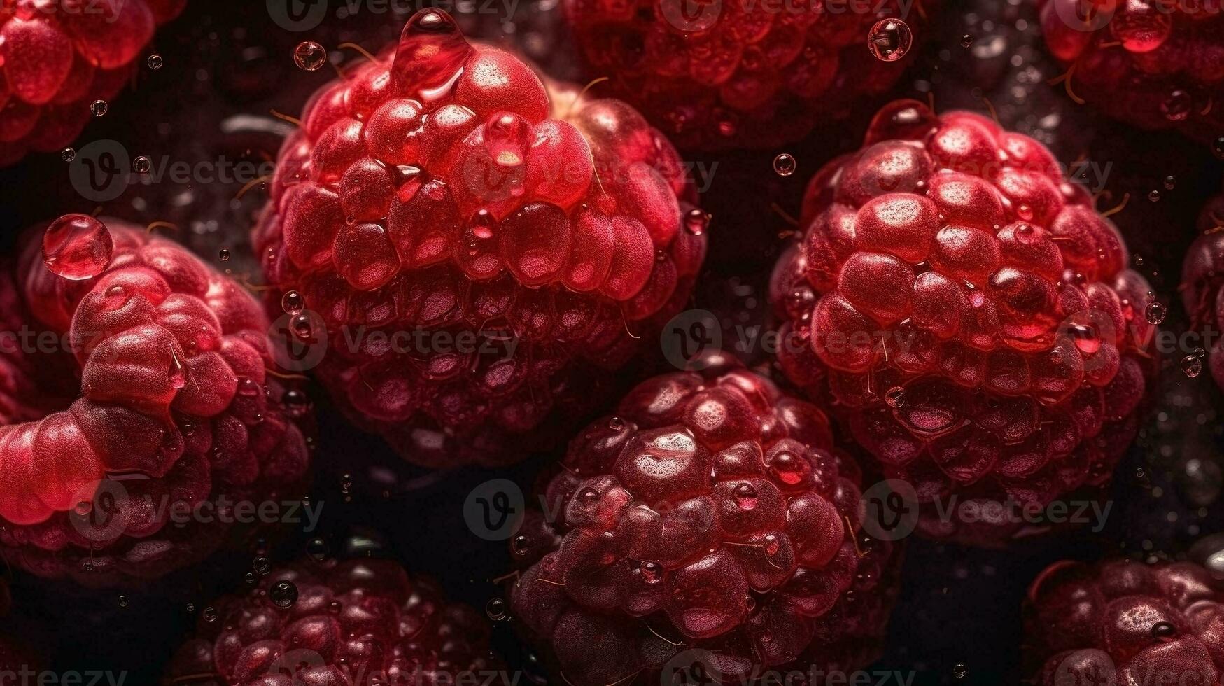 AI generated Close-up of raspberries with water drops on dark background. Fruit wallpaper photo