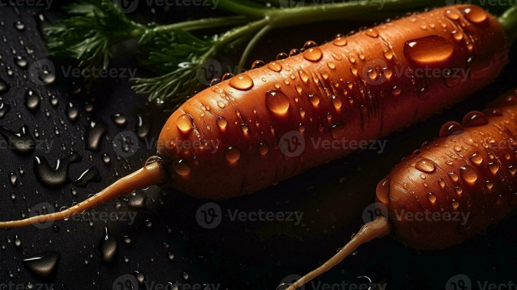 AI generated Close-up of carrots with water drops on dark background. Vegetable wallpaper photo