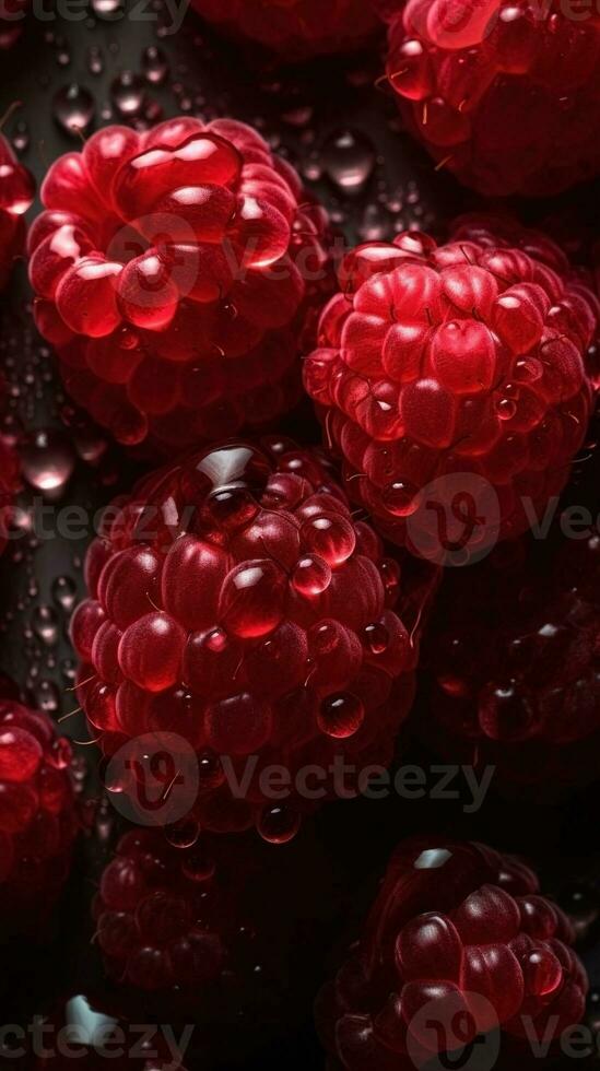 AI generated Close-up of raspberries with water drops on dark background. Fruit wallpaper photo