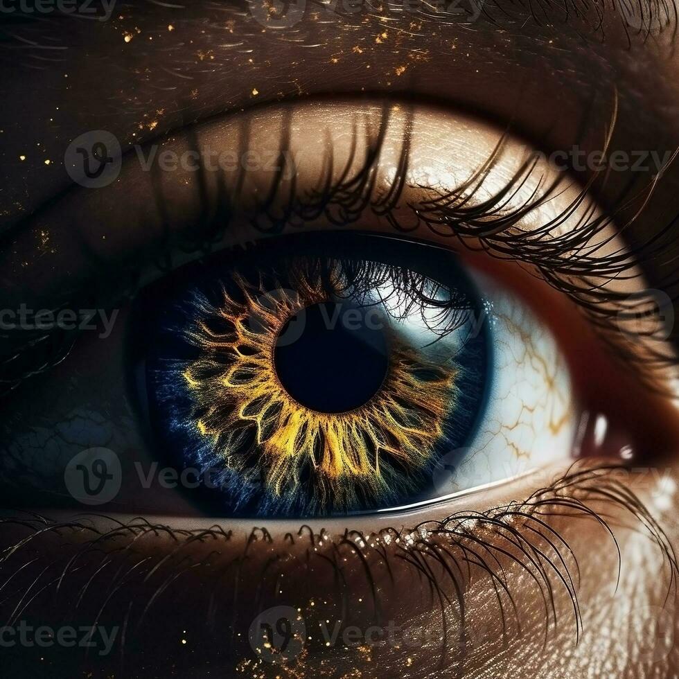 AI generated Realistic human eye with reflection of galaxy, golden iris. Ai generated photo