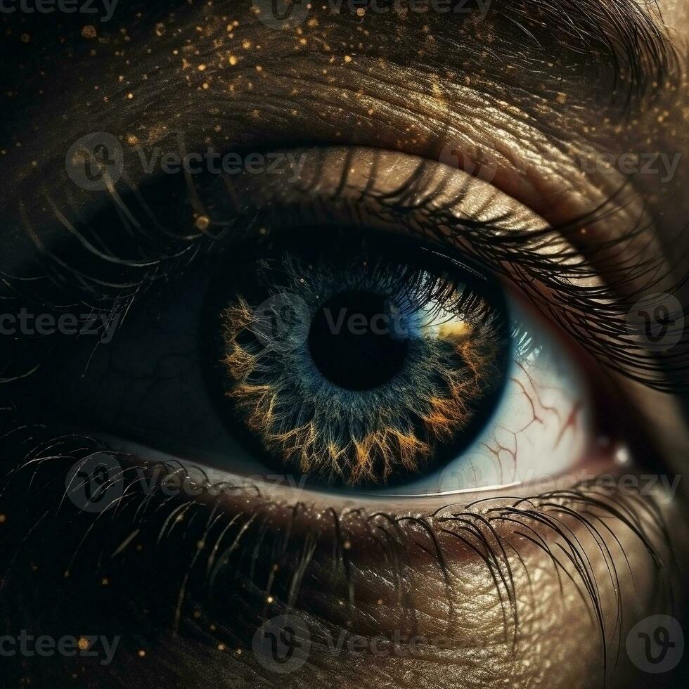 ai generado humano ojo con galaxia dentro de cerca en oscuro antecedentes. ai generado foto