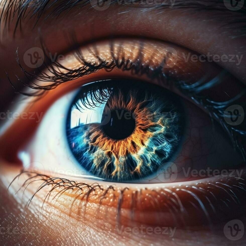 AI generated Human eye with galaxy inside close-up on dark background. Ai generated photo