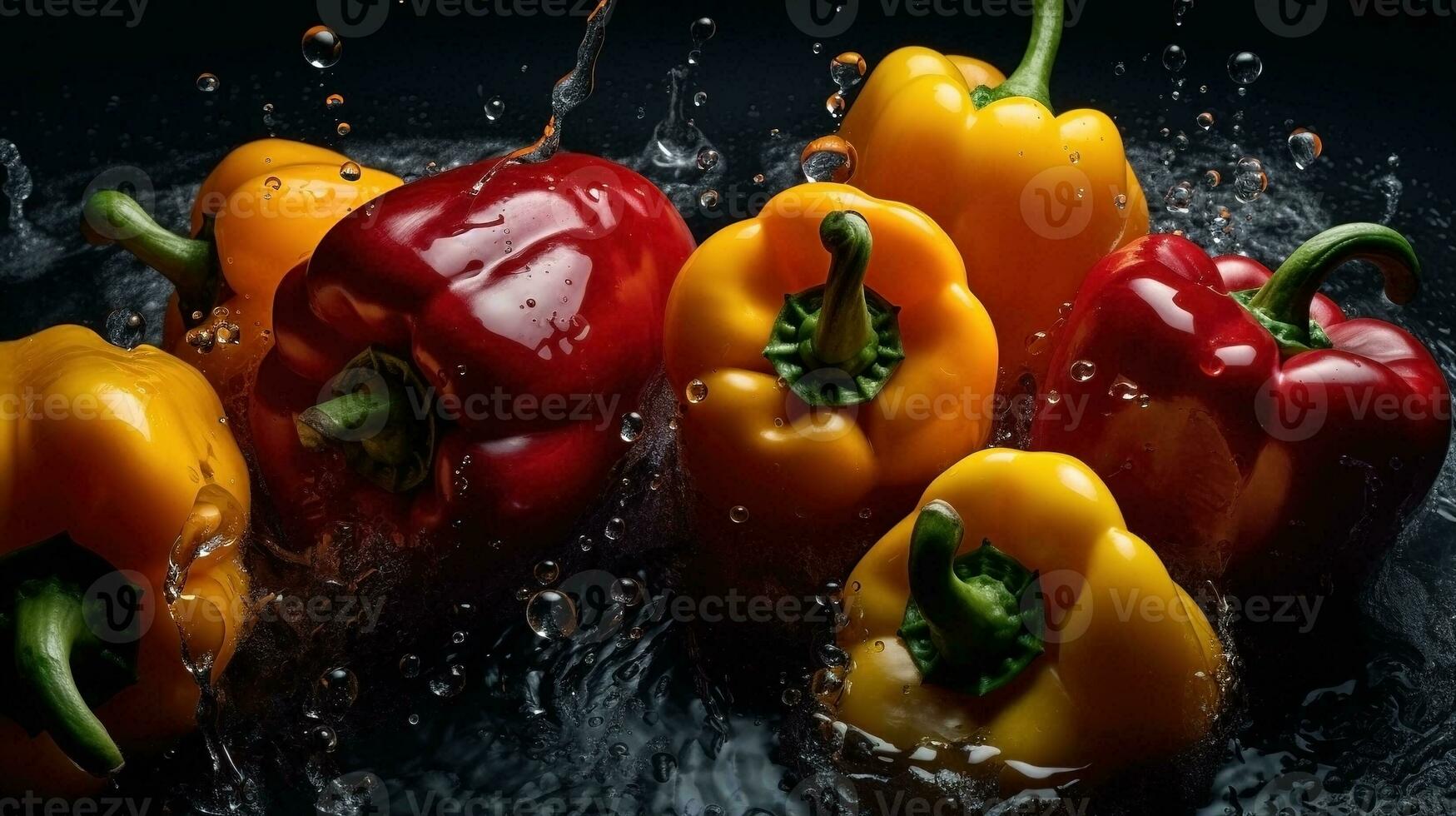 ai generado de cerca de campana pimientos con agua gotas en oscuro antecedentes. vegetal fondo de pantalla foto