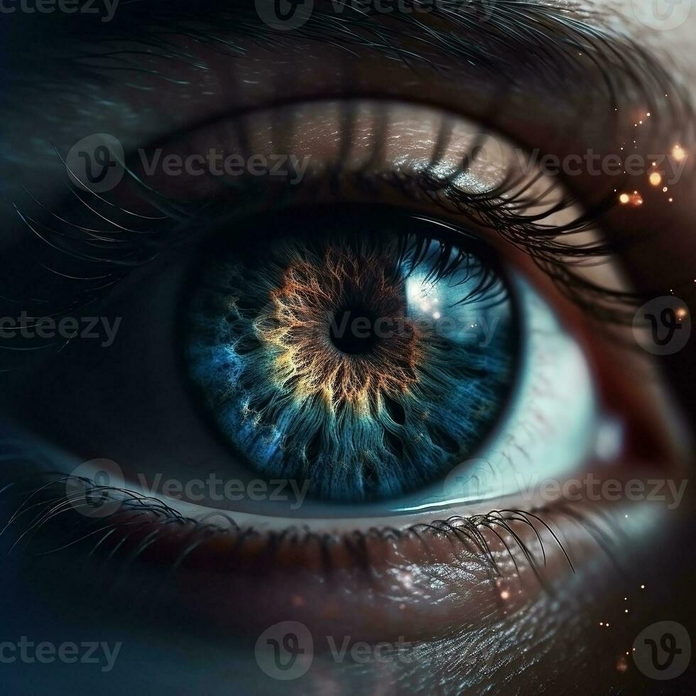 AI generated Realistic human eye with reflection of galaxy illustration. Ai generated photo