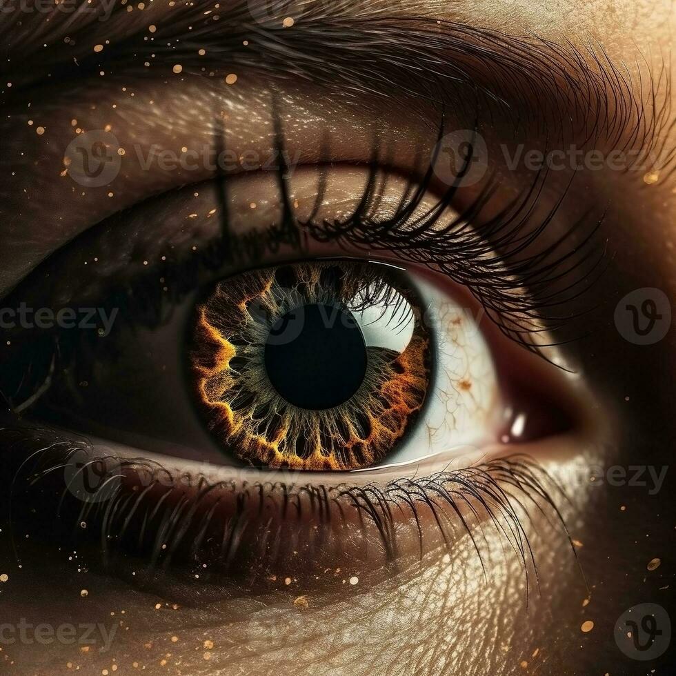 AI generated Realistic human eye with reflection of galaxy, golden iris. Ai generated photo